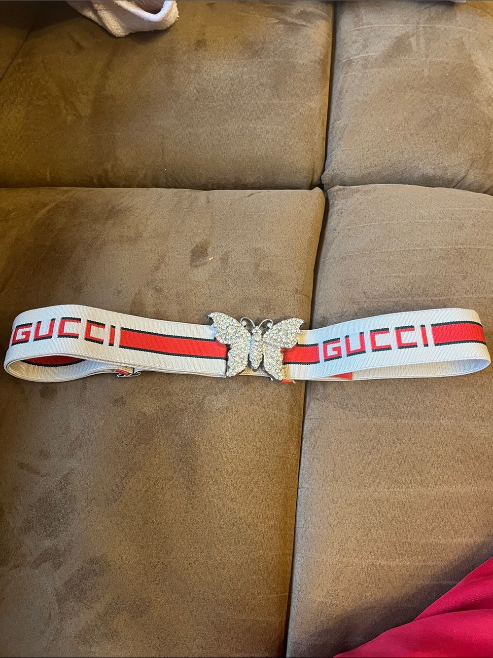 Authentic Gucci White Elastic Belt with Red Stripe and Crystal Butterfly Buckle